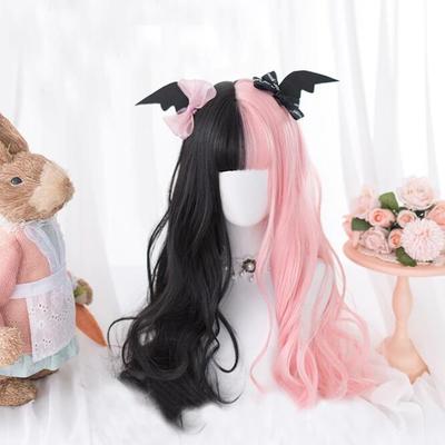 Black pink curly long wig