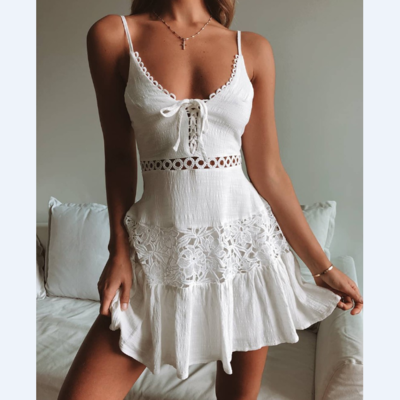Design Crochet Lace Hollow Out Tie Front Dress