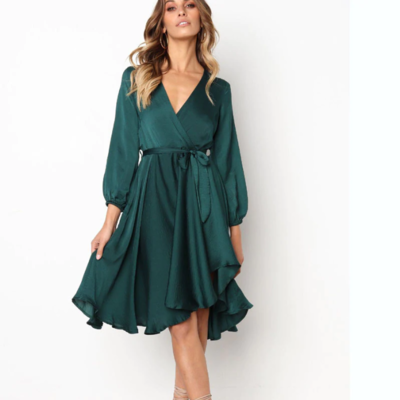 Chic v neck long sleeve silk wrap dress - Thumbnail 3