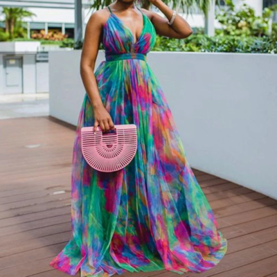 Spaghetti strap floor length v neck dress - Thumbnail 4
