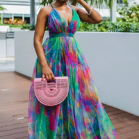 Spaghetti Strap Floor Length V Neck Dress - Thumbnail 1