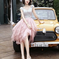 Pink tulle sequins short prom dress party dress - Thumbnail 2