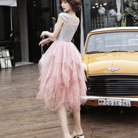 Pink tulle sequins short prom dress party dress - Thumbnail 3