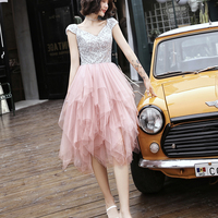 Pink tulle sequins short prom dress party dress - Thumbnail 4