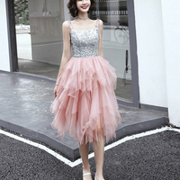 Pink A line irregular tulle prom dress evening dress - Thumbnail 1