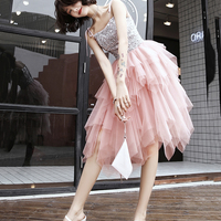 Pink A line irregular tulle prom dress evening dress - Thumbnail 2