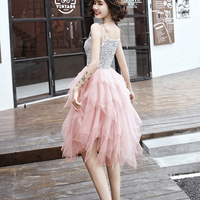 Pink A line irregular tulle prom dress evening dress - Thumbnail 4