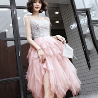 Pink A line irregular tulle prom dress evening dress - Thumbnail 5