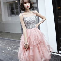 Pink A line irregular tulle prom dress evening dress - Thumbnail 7