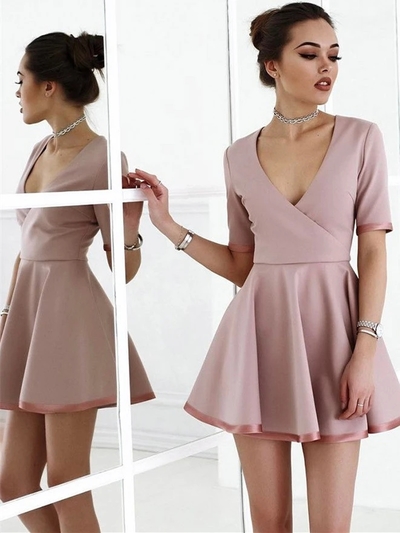Chic Satin V-neck Neckline Short Sleeves A-line Cocktail Dresses