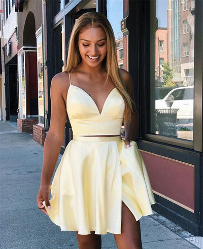 Cute A Line V Neck Two Piece Daffodil Satin Hoco Dresses with Bow Under 100