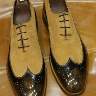 Men's handmade leather dress shoes,two tone pure leather wingtips lace up shoes
