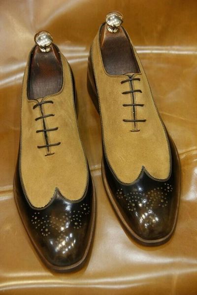 Men's Handmade leather Dress Shoes,Two Tone Pure Leather Wingtips Lace up Shoes