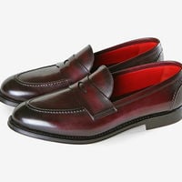 men's Ox Blood Leather Patina Handmade Penny loafers custom loafers for men - Thumbnail 4