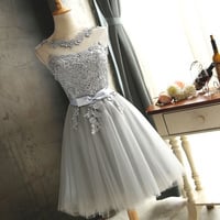 Gray lace short A line prom dress homecoming dress - Thumbnail 1