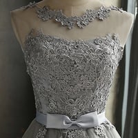 Gray lace short A line prom dress homecoming dress - Thumbnail 2