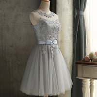 Gray lace short A line prom dress homecoming dress - Thumbnail 3