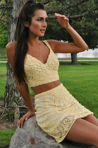 Two Piece Straps Short Yellow Lace Homecoming Dress,Bodycon Evening Party Dress