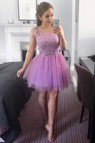 Pretty A-Line Round Neck Lilac Tulle Homecoming Dress with Appliques and Beading