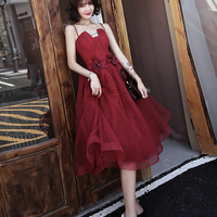 Burgundy tulle short prom dress cocktail dress - Thumbnail 3
