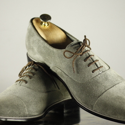 Handmade men's casual shoes, men's gray suede double monk strap captoe shoes - Thumbnail 2