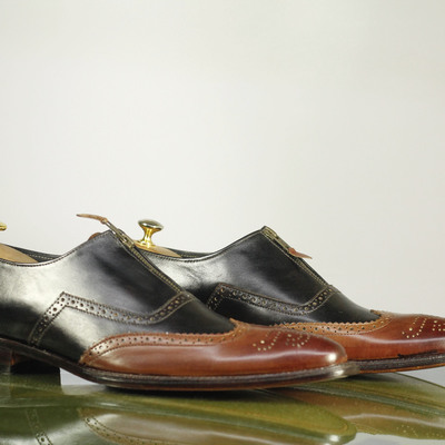 Hand crafted men's wing tip casual shoes, men's black & brown leather shoes - Thumbnail 2