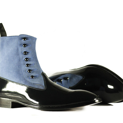 Hand crafted men's casual boot, men's black & gray leather suede boot - Thumbnail 1