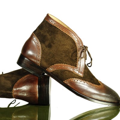 Hand crafted men's casual boot, men's brown wing tip leather suede boot - Thumbnail 1