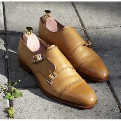 New pure handmade tan leather double monk strap shoes for men’s