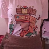 Cute Pink Cat Arcade Cartoon Graphic Casual Short Sleeve Shirt Tee T-shirt E-Girl Kawaii Korean Japanese Harajuku Chinese Retro Streetwear Aesthetic - Thumbnail 1