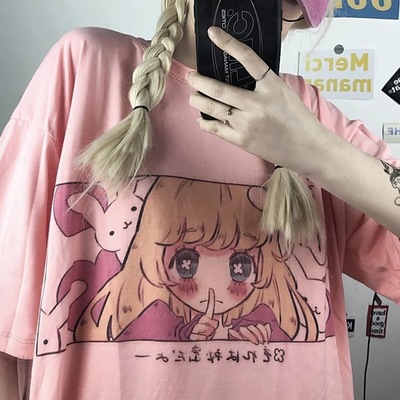 Cute Pink Anime Girl Cartoon Graphic Casual Short Sleeve Shirt Tee T-shirt E-Girl Kawaii Korean Japanese Harajuku Chinese Retro Streetwear Aesthetic