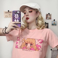 Cute Pink Anime Girl Cartoon Graphic Casual Short Sleeve Shirt Tee T-shirt E-Girl Kawaii Korean Japanese Harajuku Chinese Retro Streetwear Aesthetic - Thumbnail 2