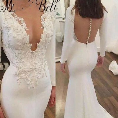 V neck mermaid wedding dresses bridal gown with sleeves - Thumbnail 4