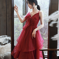 Burgundy v neck tulle sequins prom dress homecoming dress - Thumbnail 1