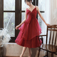 Burgundy v neck tulle sequins prom dress homecoming dress - Thumbnail 2