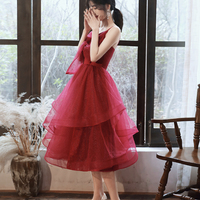 Burgundy v neck tulle sequins prom dress homecoming dress - Thumbnail 4