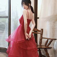 Burgundy v neck tulle sequins prom dress homecoming dress - Thumbnail 6