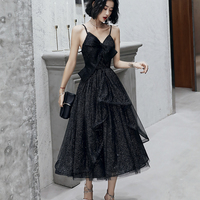 Black tulle short prom dress black evening dress - Thumbnail 1