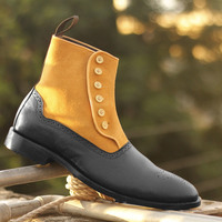 Handmade Ankle High Tan Black Boot, Men's Handmade Leather Suede Button Top Brogue Boots For men's - Thumbnail 2