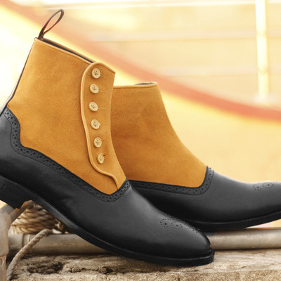 Handmade ankle high tan black boot, men's handmade leather suede button top brogue boots for men's - Thumbnail 2