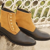 Handmade Ankle High Tan Black Boot, Men's Handmade Leather Suede Button Top Brogue Boots For men's - Thumbnail 1