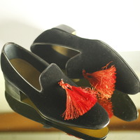 Handmade Men's Black Shoes, Men's Velvet With Red Tussles Formal Dress Shoes - Thumbnail 1