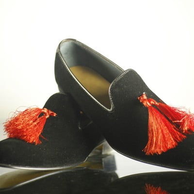 Handmade men's black shoes, men's velvet with red tussles formal dress shoes - Thumbnail 2
