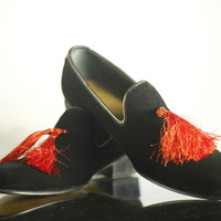 Handmade Men's Black Shoes, Men's Velvet With Red Tussles Formal Dress Shoes - Thumbnail 3