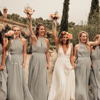 A-line Halter Pleated Sleeveless Bridesmaid Dresses Chiffon Long Gowns - Thumbnail 1