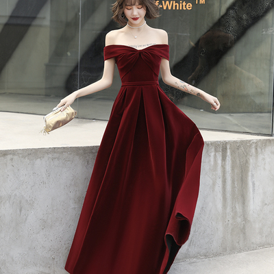 Burgundy velvet long prom dress evening dress - Thumbnail 3
