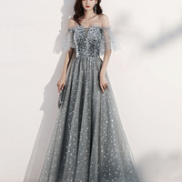 Shiny tulle long prom dress with sequins gray evening dress - Thumbnail 5