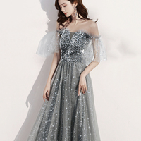Shiny tulle long prom dress with sequins gray evening dress - Thumbnail 1