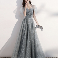 Shiny tulle long prom dress with sequins gray evening dress - Thumbnail 2
