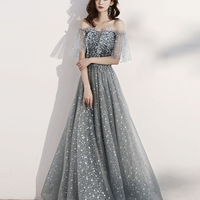 Shiny tulle long prom dress with sequins gray evening dress - Thumbnail 3